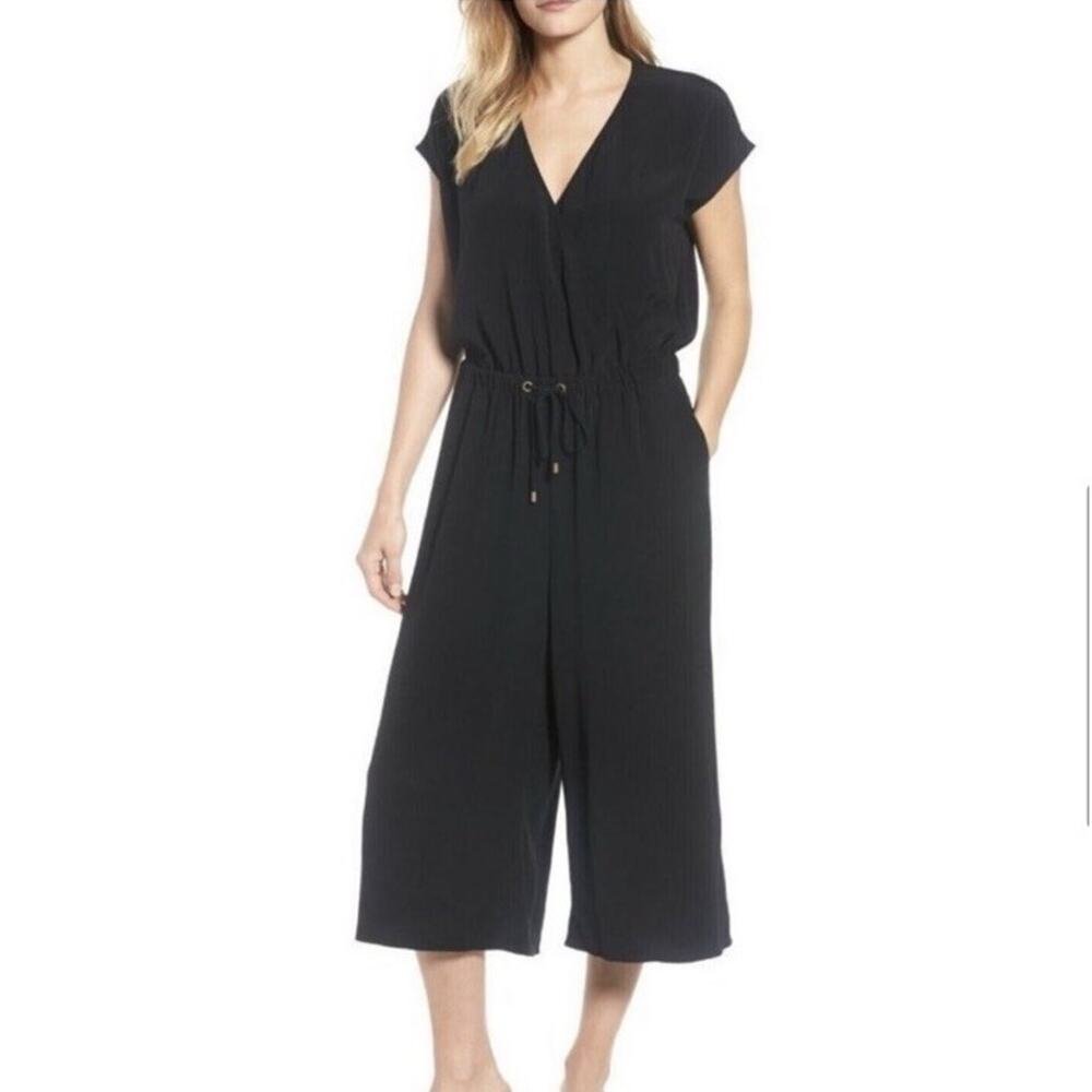Eileen Fisher Black V Neck Sleeveless Wide Leg Cropped Jumpsuit Women’s Medium